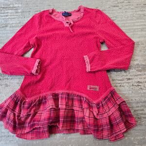 Naartjie Kids Long Sleeve Fit Flare Dress Red Pink Polka Dot Plaid Large 6
